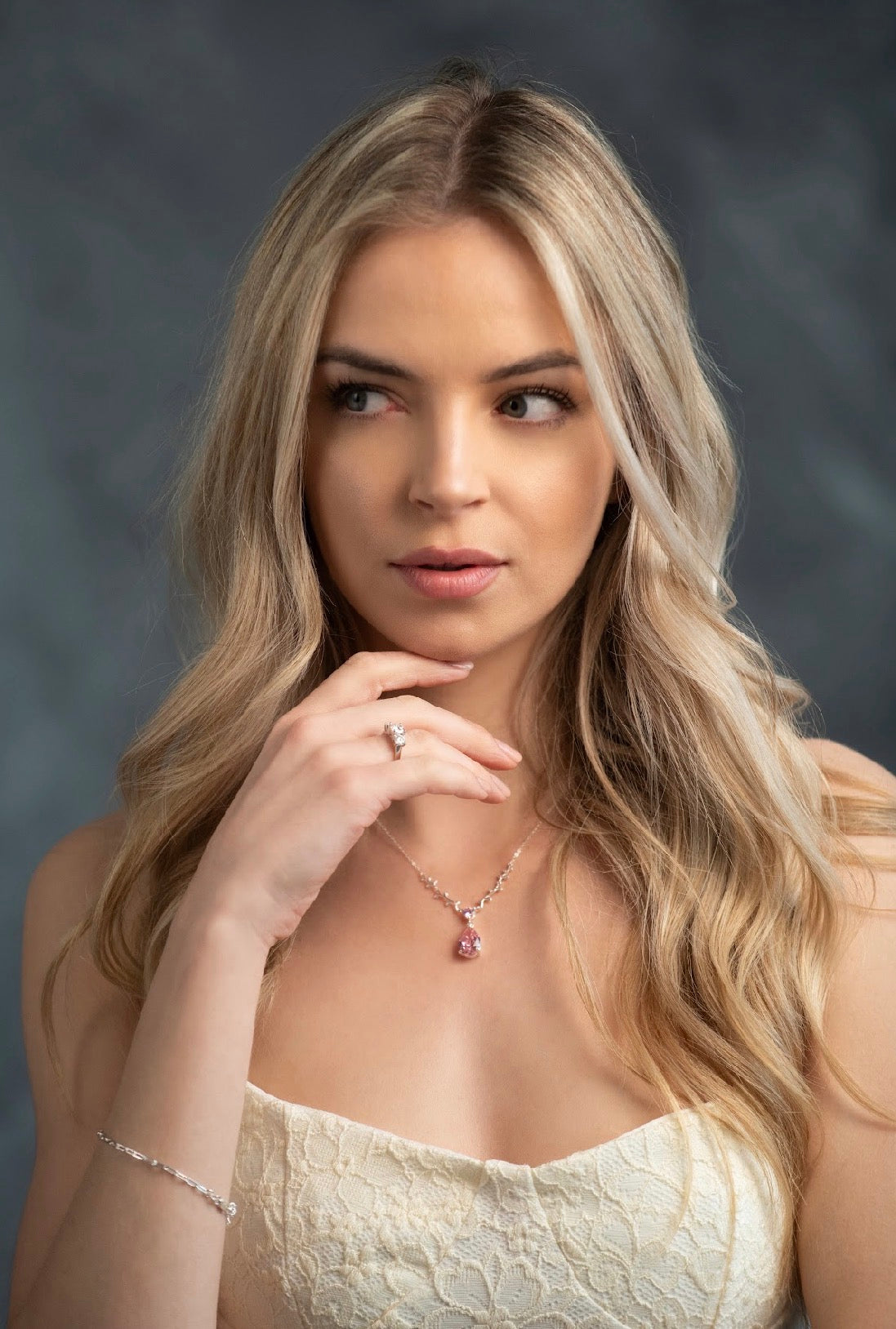Sterling Silver Pink cubic zirconia teardrop leaf Necklace