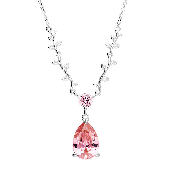 Sterling Silver Pink cubic zirconia teardrop leaf Necklace