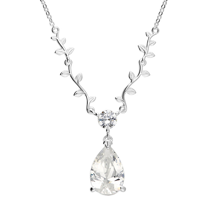 Sterling Silver Cubic zirconia teardrop leaf Necklace