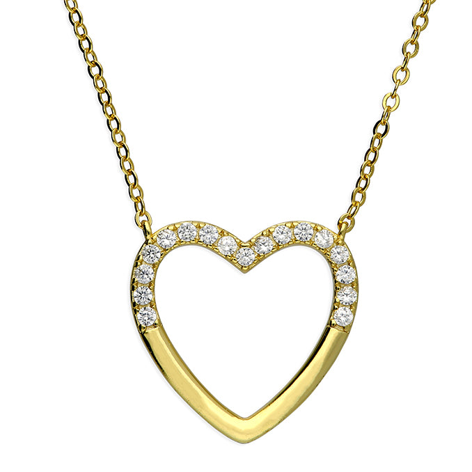Sterling Silver 18ct Yellow gold-plated open heart cubic zirconia necklace