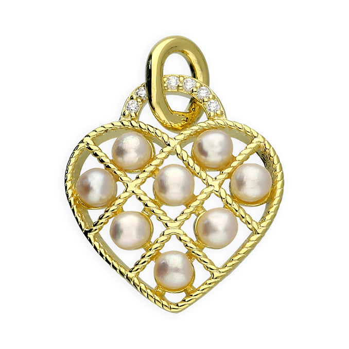 Sterling Silver 18ct Gold Plated Pearl Lattice Heart Pendant